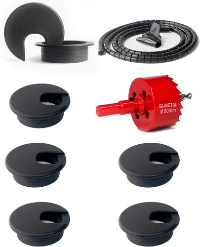 Juego de 6 ojales de escritorio de 2 pulgadas (1.969 in) para sierra de agujero bimetálica | with Cord Wrap Coiled Tube Management,2 m Cable Sleeve