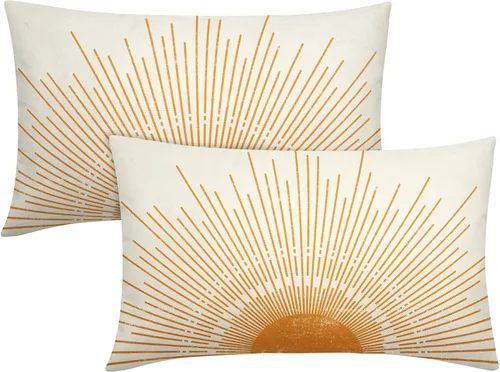 Miniatura 9 de Juego de 2 fundas de almohada verdes bohemias de 16 x 16 pulgadas, diseño bohemio, amanecer, puesta de sol, estampado abstracto de sol, fundas