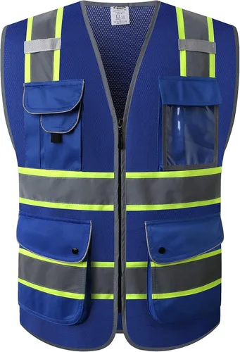 Miniatura 10 de JKSafety Chaleco de seguridad frontal con cremallera de alta visibilidad de 9 bolsillos de color dual MESH Lite Tira reflectante con ribete