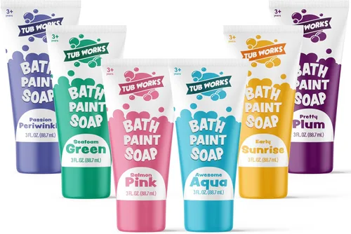 Miniatura 10 de Tub Works® Jabón de Pintura de Bañera, Juego de Juguetes de Baño de 6 Piezas Neón No Tóxico Pintura de Bañera Lavable para Pintar con los Dedos