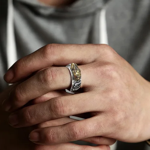 Miniatura 4 de RUIFUU Feng Shui Pixiu Mantra Anillo Lucky Wealth Love Health Anillo Budista Joyería para Hombres Mujeres, Cobre, oro, plata