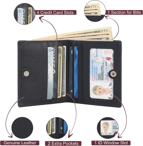 Miniatura 4 de BOTANNER Mini monedero de bolsillo compacto de cuero para mujer con seguridad RFID - NEGRO, marino, Minimalista