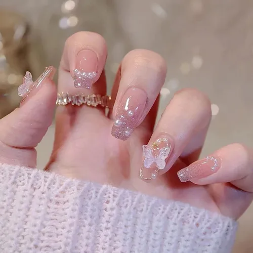 Miniatura 14 de Uñas postizas a presión con diseños de longitud media, forma de ataúd, cobertura completa, reutilizables, con pegamento, uñas adhesivas