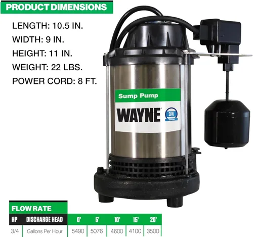 Miniatura 6 de Wayne 3/4 HP Bomba sumergible de hierro fundido y acero inoxidable de servicio pesado con NUEVO interruptor - Elimina hasta 5,490 galones de agua
