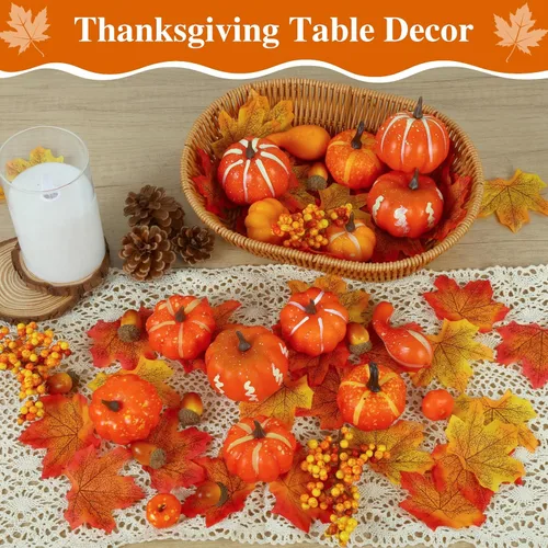 Miniatura 7 de Juego de 51 mini calabazas artificiales para decoración de otoño, calabazas de plástico de espuma con hojas de otoño, pequeñas decoraciones de otoño