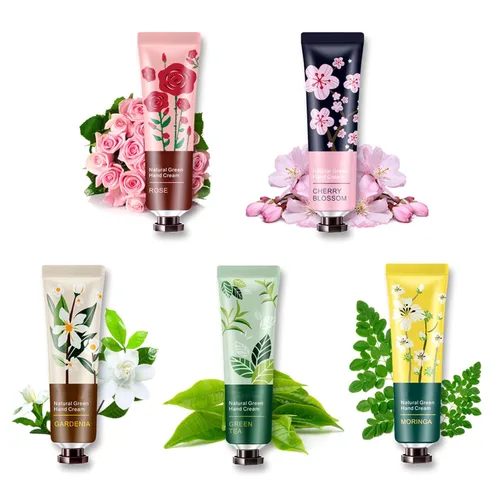 Paquete de 5 fragancias botánicas naturales de flores para regalo de viaje, mini manos hidratantes para manos agrietadas y de trabajo, loción tamaño