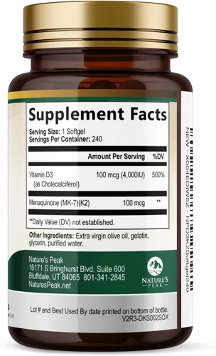 Miniatura 8 de Vitamina D3 K2 - Vitamina D3 4000 UI por cápsula blanda - Suplemento de vitamina D3 de alta potencia - Complejo 2 en 1 Vitamina D y vitamina K2