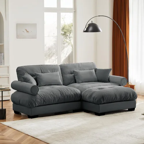 Miniatura 39 de Reposapiés Otomano Tapizado de Terciopelo con Cojín para Sofá Seccional Sofá 300 libras para Sala de Estar (Beige)