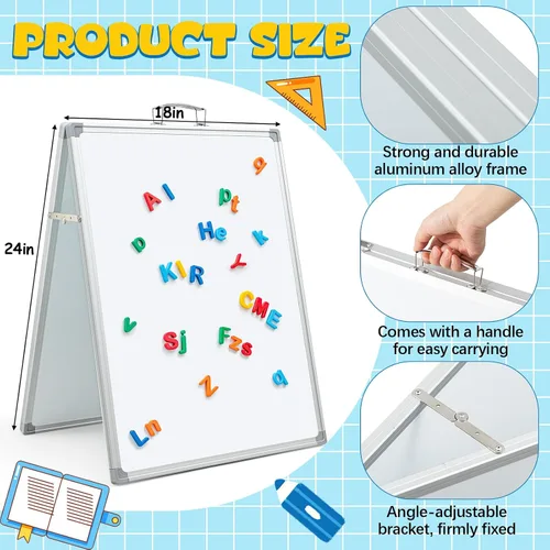 Miniatura 2 de Lincia Pizarra portátil de borrado en seco de 24 x 18 pulgadas con soporte, pizarra blanca plegable de doble cara, marco de aluminio plateado