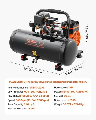 Miniatura 7 de VEVOR Compresor de aire, tanque de acero de 2 galones, compresor de aire libre de aceite de 1HP 2.1CFM a 90PSI y presión máxima de 120PSI, compresor