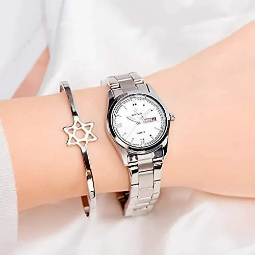 Miniatura 6 de MASTOP Reloj clásico de moda para mujer, resistente al agua, acero inoxidable, redondo, fecha, analógico, cuarzo, vestido, Blanco, Movimiento