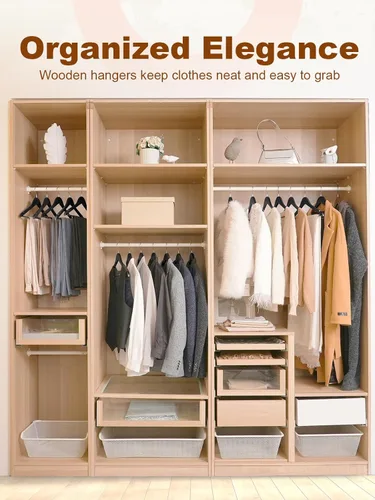 Miniatura 7 de HOUSE DAY - Paquete de 10 perchas de madera negra, percha de madera maciza con barra antideslizante para pantalones, percha de abrigo de madera Negro