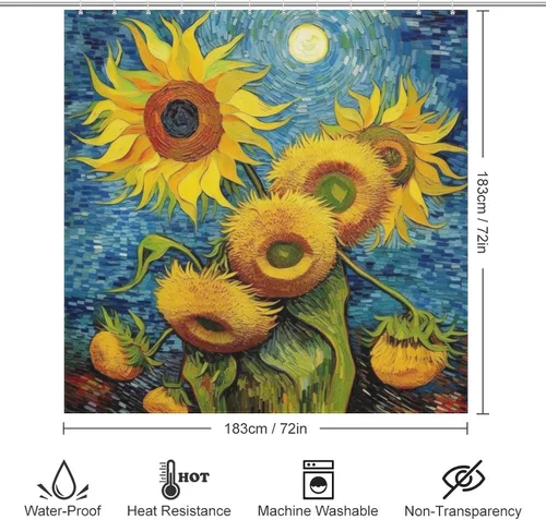 Miniatura 6 de Juego de cortina de ducha de girasol para baño, pintura al óleo, hojas verdes, flores, bohemio, tela amarilla abstracta, moderna, impermeable