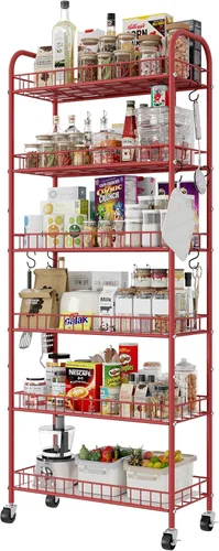 Miniatura 11 de Carrito de almacenamiento delgado rodante con ruedas, estantería móvil de metal de 6 niveles, organizador de cocina, carrito utilitario