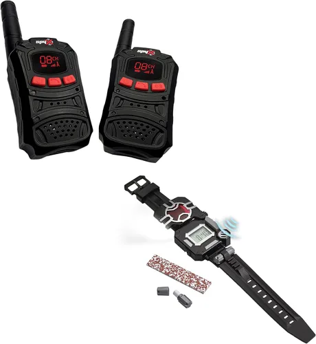 SpyX Walkie Talkies + reloj de reconocimiento. Juego de herramientas de doble agente. Paquete de 2 walkie talkies + un reloj 8 en 1. Artículos