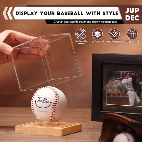 Miniatura 2 de Estuche de exhibición de béisbol, soporte de béisbol transparente con base de madera, caja de soporte de béisbol con autógrafo para pelota