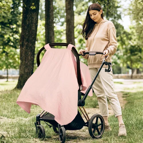 Miniatura 5 de Funda de asiento de automóvil de muselina de verano, transpirable, para bebés y niñas, fundas multiusos para lactancia materna, color rosa