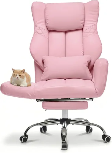 Miniatura 7 de Silla de oficina ejecutiva de respaldo alto con reposapiés, piel sintética reclinable, soporte lumbar, estilo entrecruzado, reclinación de 155° Beige