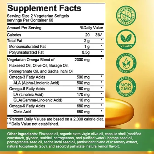 Miniatura 5 de Omega 3-6-9 de alta potencia, suplemento natural 100% de origen vegano para la salud del corazón, el cerebro y la movilidad, suministro de 2 meses