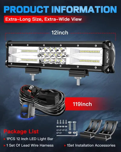Miniatura 8 de Barra de luz LED de 12 pulgadas, 120 W, 30000 lm, luz LED para todoterreno, luces antiniebla de conducción, luces de trabajo, combo de haz puntual e