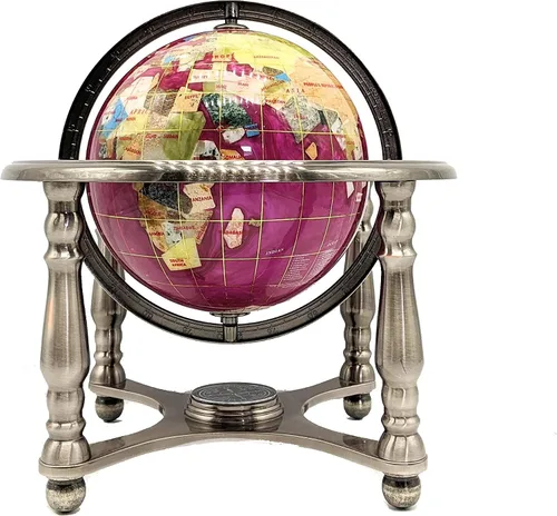 Unique Art - Tablero de mesa de 10 pulgadas de alto, globo del mundo con piedras preciosas del océano con soporte de aleación de zinc de 4 patas