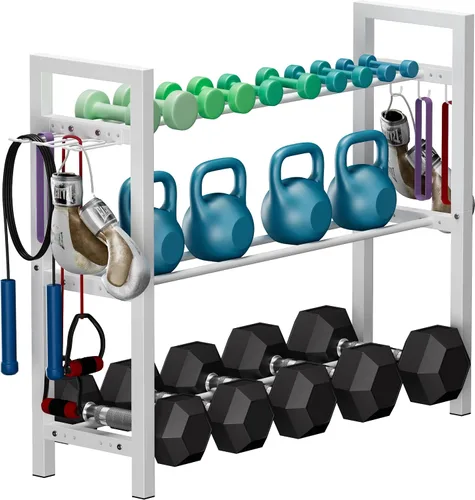 Miniatura 10 de Soporte ajustable para mancuernas y pesas rusas, organizador de metal resistente para entrenamiento de gimnasio en casa con gancho para accesorios