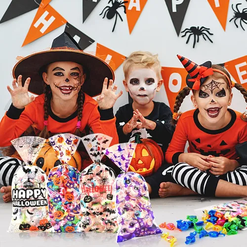Miniatura 6 de AhfuLife 200 bolsas de celofán de Halloween, 8 diseños de bolsas de dulces transparentes de Halloween con lazos giratorios para golosinas o tratos