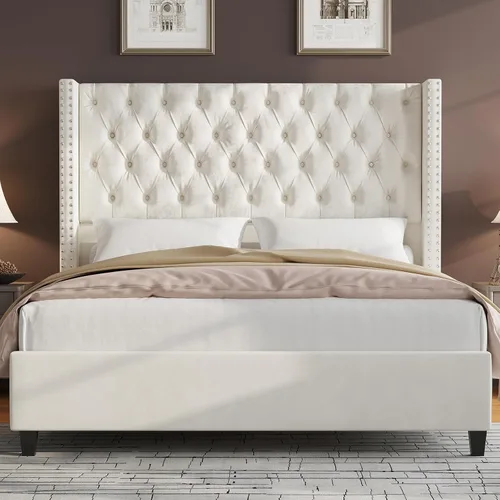 Miniatura 7 de Jocisland Base de cama tamaño Queen con cabecera de terciopelo acolchado con respaldo alado de 51.6" pulgadas, cama de plataforma tapizada moderna