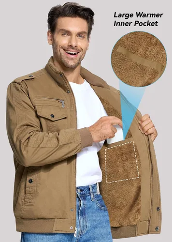 Miniatura 4 de EKLENTSON Chaqueta térmica gruesa de invierno para hombre con múltiples bolsillos con cremallera frontal forro polar chaqueta militar para hombre