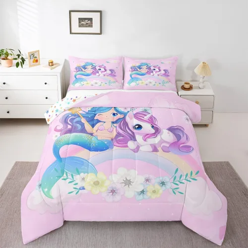 Erosebridal Edredón de sirena azul para niñas, ropa de cama de unicornio lindo de 3 piezas para niños, juegos de ropa de cama y colecciones de