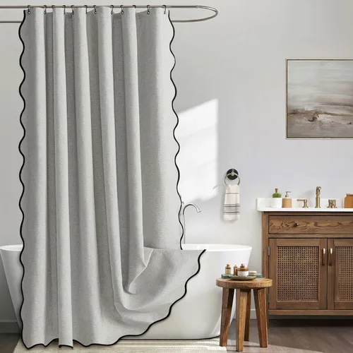 Miniatura 30 de MIULEE Cortina de ducha festoneada de lino texturizado con 12 ganchos de metal, bonita cortina de ducha de tela gruesa resistente, lavable, Negro