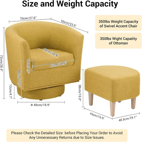 Miniatura 2 de DAZONE Silla giratoria con otomana, modernas sillas de barril de 360° para sala de estar, dormitorio, cómoda silla de lectura tapizada para bañera