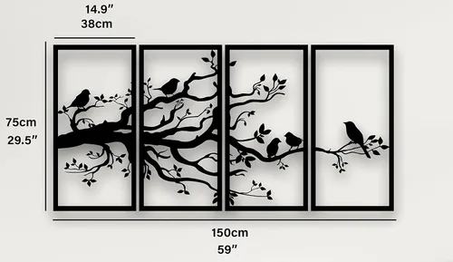 Miniatura 3 de DEKADRON Arte de pared de metal, árbol de la vida, 4 paneles, arte de pared de pájaros y ramas de metal, letrero de árbol, decoración de pared