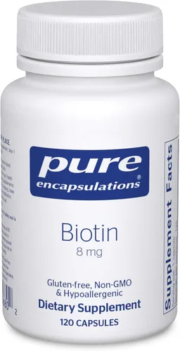 Pure Encapsulations Biotina 8 mg - Suplemento de vitamina B para aliviar el estrés, fortalecer el cabello, la piel y las uñas, metabolismo, apoyo a
