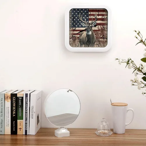 Miniatura 4 de 10" Square Modern Wall Clock,Americana Flag Deer Print Kitchen Clocks Wall Battery Operated,Silent Non Ticking Unique Funny Cute Wall Clock for