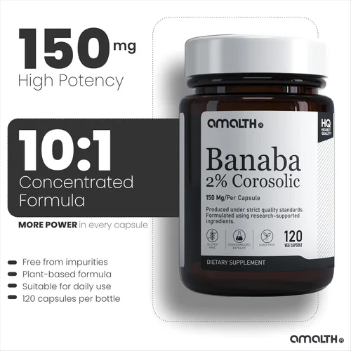 Miniatura 3 de AMALTH Cápsulas de extracto de hoja de banaba de 150 mg Suplemento de ácido corosólico al 2% Banaba Extracto de lagerstroemia Speciosa