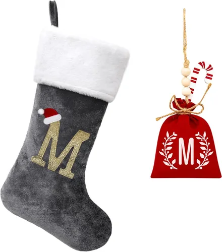 Miniatura 158 de Calcetines de Navidad bordados de 20 pulgadas con monograma, terciopelo negro con puño de felpa blanca supersuave, adornos clásicos para decoración