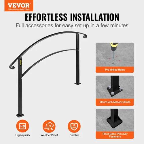 Miniatura 2 de Happybuy Pasamanos para escalones al aire libre, barandilla de escalera para exteriores de 1 o 3 escalones, pasamanos de hierro forjado negro