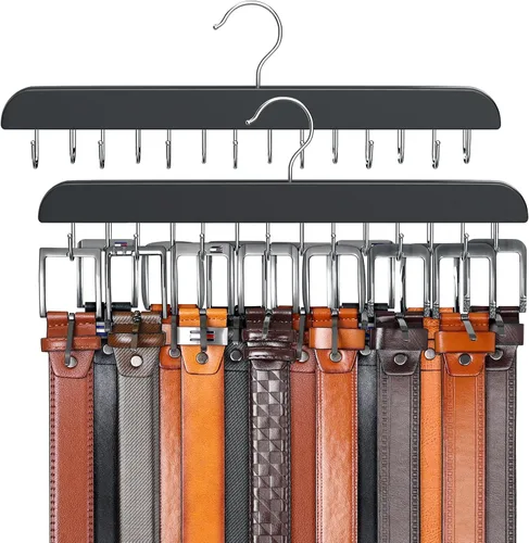 Miniatura 11 de Percha de cinturón para armario Max 42 cinturones, accesorios de armario de madera resistente con 14 ganchos, organizador de cinturón