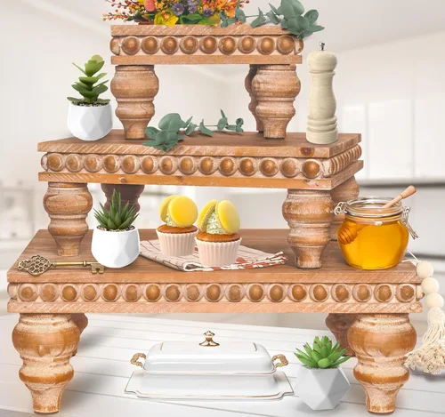 Miniatura 11 de Bandeja decorativa [Juego de 3] bandejas escalonadas de madera, bandeja decorativa para uso de mesa, isla de cocina, barra de café, elevadores