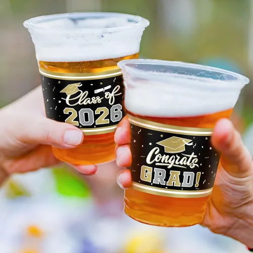 Miniatura 4 de Gatherfun Decoraciones de graduación 2026-100 piezas de vasos de plástico de graduación negros y dorados de 16 onzas para fiesta de graduación