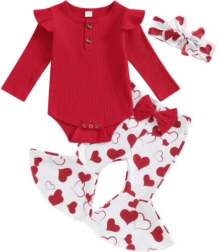 Miniatura 70 de Kuriozud Conjunto de mameluco con volantes para bebé recién nacida, con volantes, lindo conjunto de pantalones acampanados con diadema
