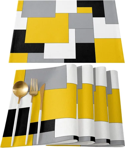 Juego de 4 manteles individuales negros y amarillos, antideslizantes, lavables, manteles individuales de mesa de retazos de arte abstracto para mesa
