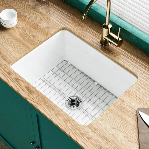 Miuara Fregadero de cocina blanco de montaje inferior de 24 pulgadas - Fregadero de barra pequeño de arcilla refractaria de montaje superior