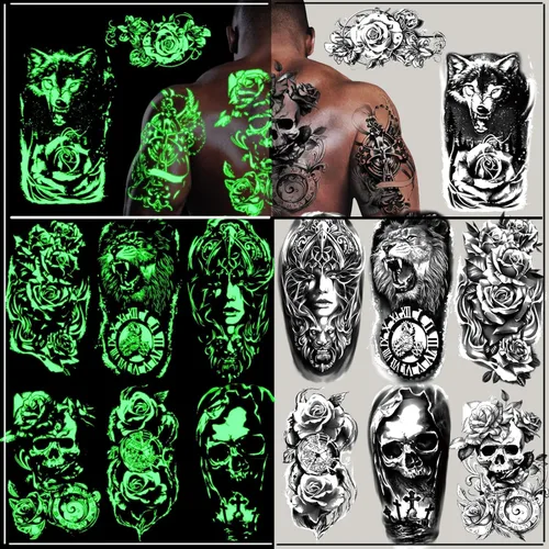 24 hojas de tatuajes temporales para adultos, tatuajes luminosos que brillan en la oscuridad, diseño luminoso de lobo, tigre, león, calavera,
