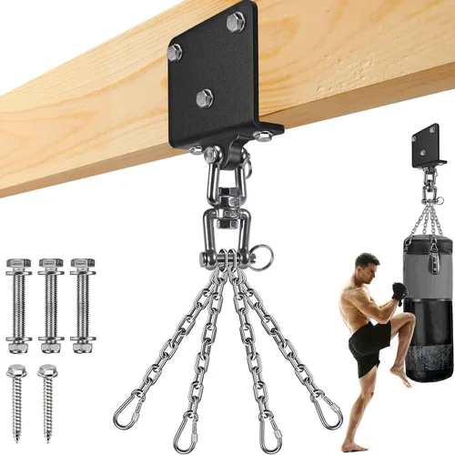 Miniatura 9 de SELEWARE Percha de bolsa pesada de rotación de 360°, capacidad de 1000 libras, montaje en techo y vigas con cadena de acero inoxidable y ganchos a