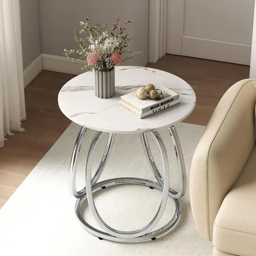 Miniatura 13 de O&K FURNITURE Mesa auxiliar plateada para sala de estar, mesa auxiliar de vidrio para dormitorio, moderna mesita de noche redonda de vidrio