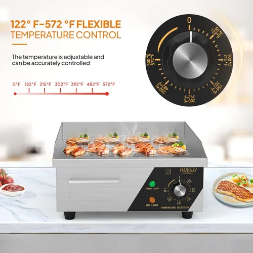Miniatura 3 de Bonnlo Plancha comercial de 14 pulgadas y 1500 W con encimera de acero inoxidable, plancha plana, control de temperatura ajustable de 122-572 ℉