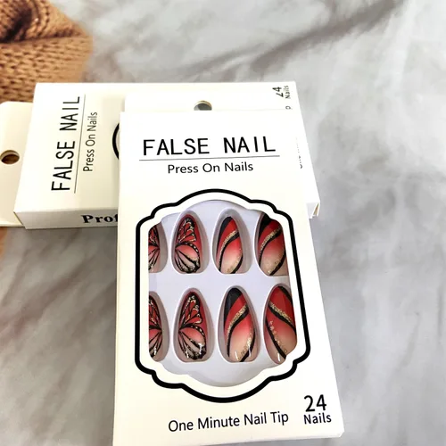 Miniatura 4 de Uñas postizas a presión con degradado rojo, almendra, longitud media, purpurina y líneas negras, uñas postizas de cobertura completa, uñas postizas