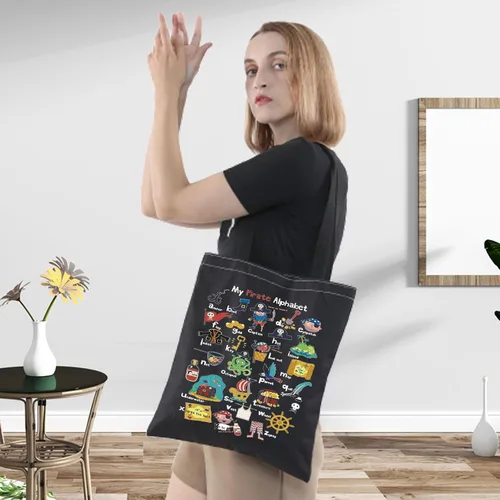 Miniatura 5 de LEVLO Pirate Life - Bolsa de lona con texto en inglés "Pirate Life", regalo inspirado en la cita de pirata, bolso de hombro con alfabeto A-Z